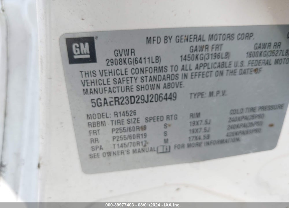 2009 BUICK ENCLAVE CXL VIN: 5GAER23D29J206449