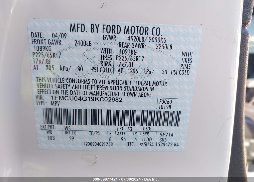 2009 FORD ESCAPE LIMITED VIN: 1FMCU04G19KC02982