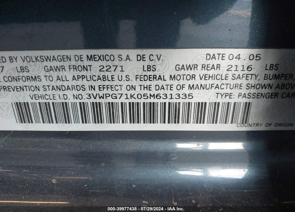 2005 VOLKSWAGEN JETTA VALUE EDITION VIN: 3VWPG71K05M631335