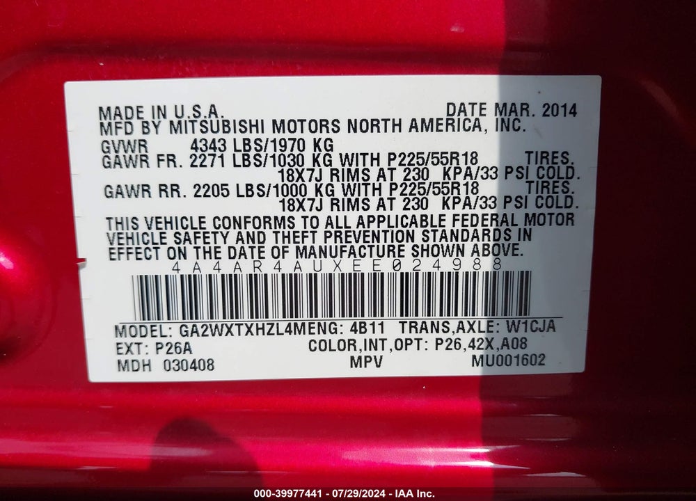 2014 MITSUBISHI OUTLANDER SPORT SE VIN: 4A4AR4AUXEE024988