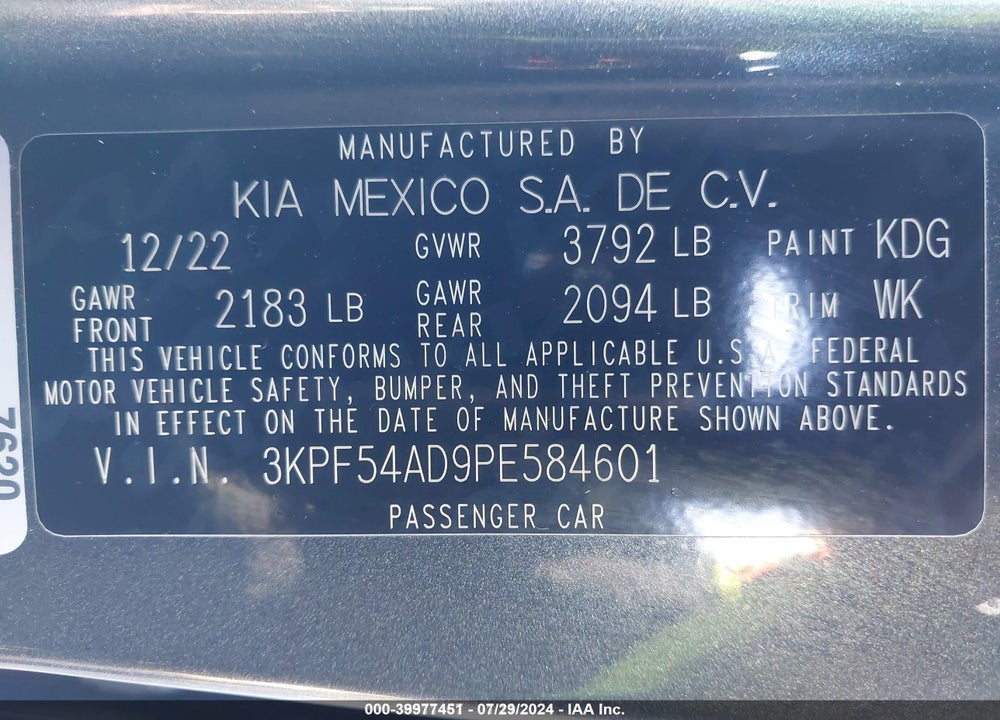 2023 KIA FORTE VIN: 3KPF54AD9PE584601