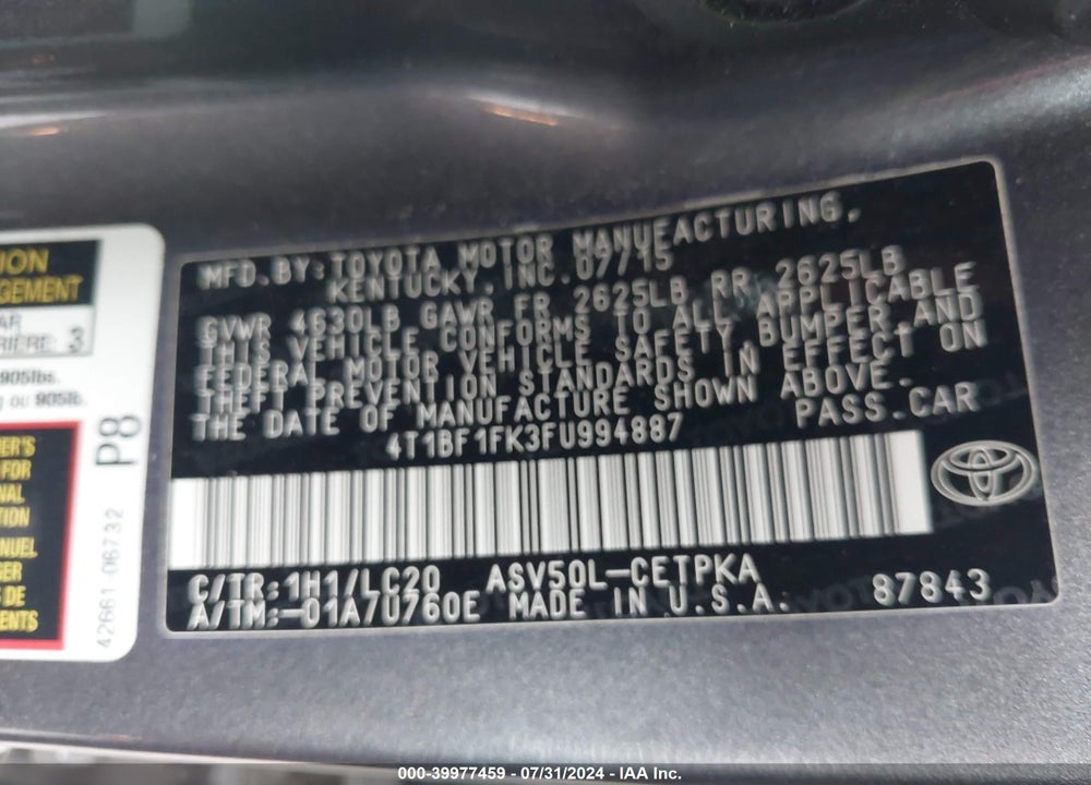 2015 TOYOTA CAMRY XSE VIN: 4T1BF1FK3FU994887