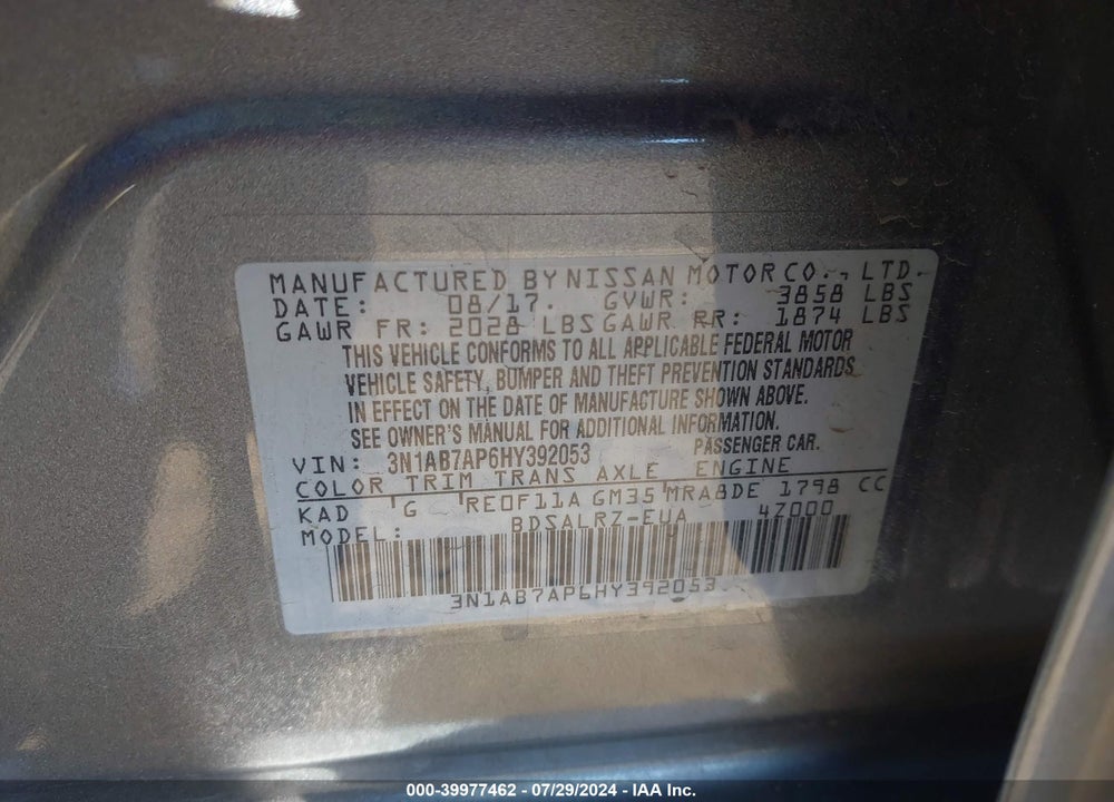 2017 NISSAN SENTRA SR VIN: 3N1AB7AP6HY392053