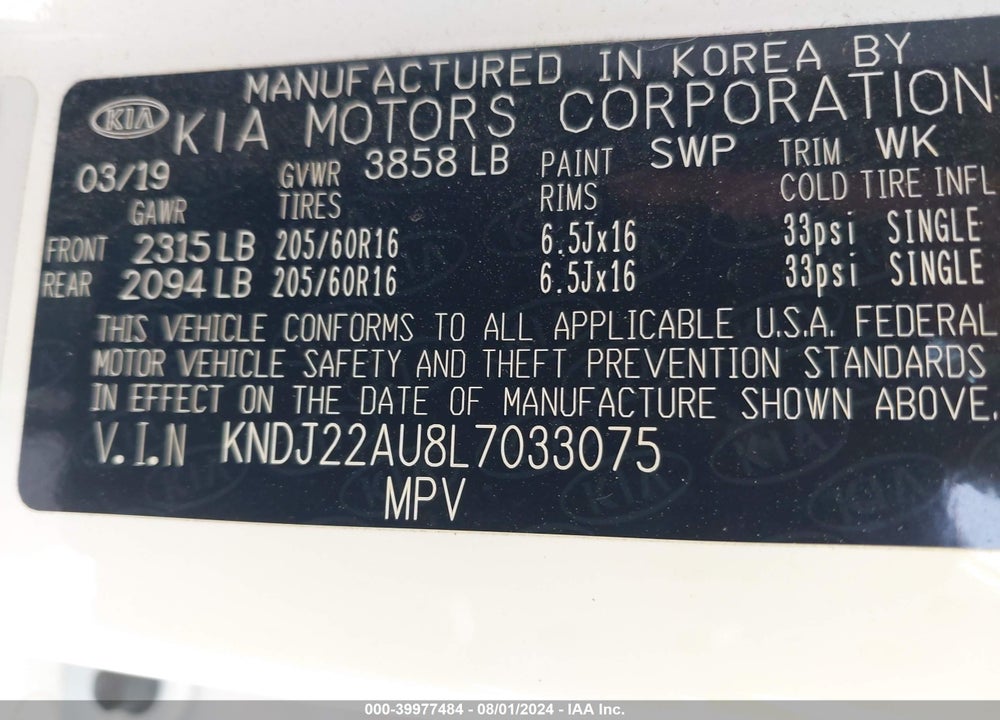 2020 KIA SOUL LX VIN: KNDJ22AU8L7033075