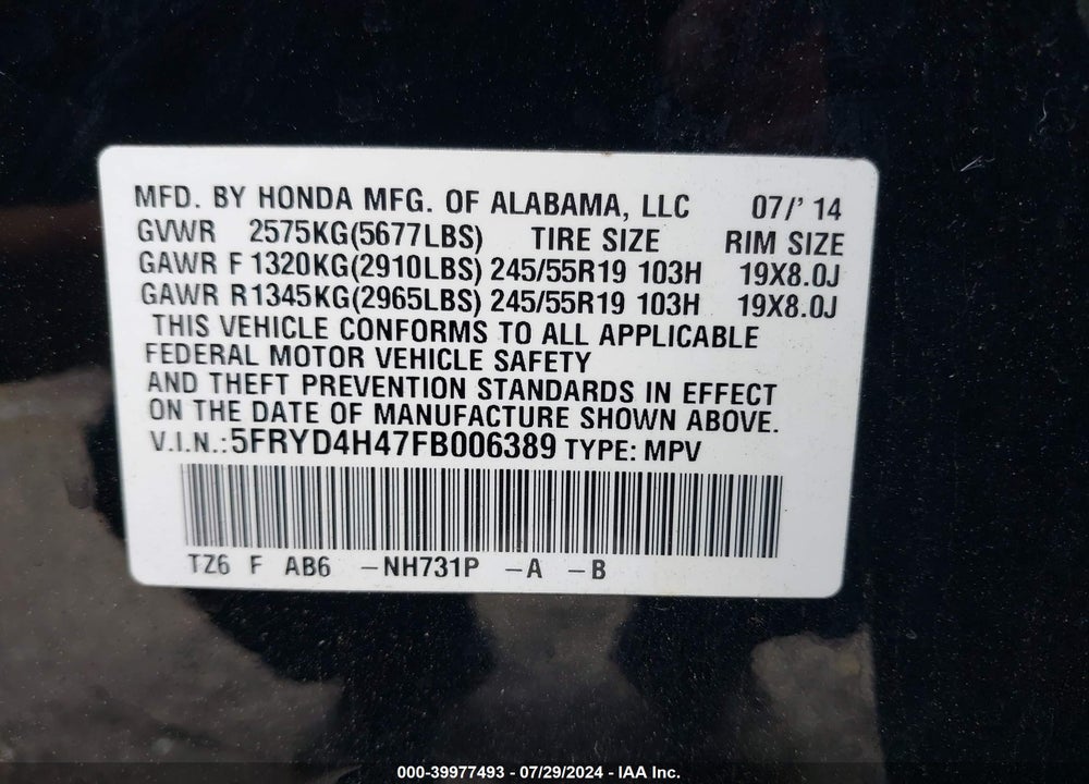 2015 ACURA MDX TECHNOLOGY PACKAGE VIN: 5FRYD4H47FB006389