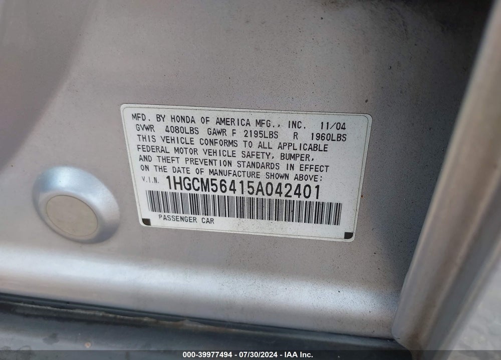 2005 HONDA ACCORD VIN: 1HGCM56415A042401