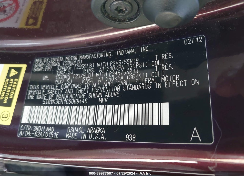 2012 TOYOTA HIGHLANDER LIMITED V6 VIN: 5TDYK3EH1CS068449