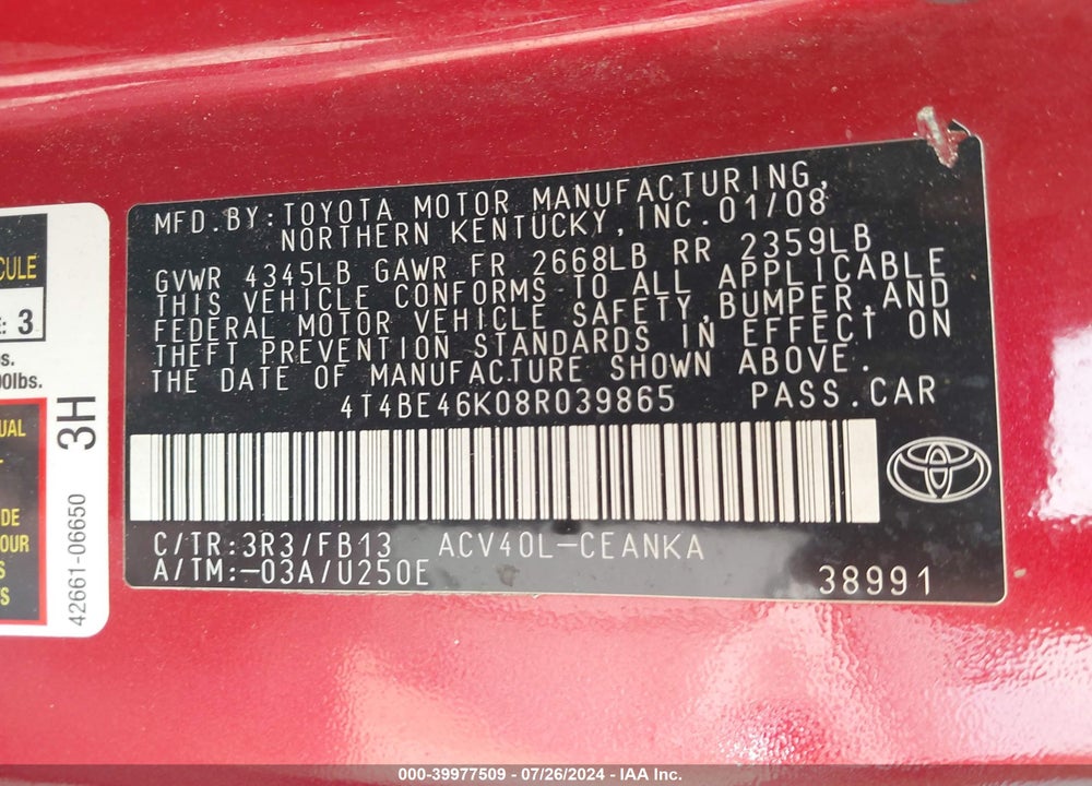 2008 TOYOTA CAMRY LE VIN: 4T4BE46K08R039865