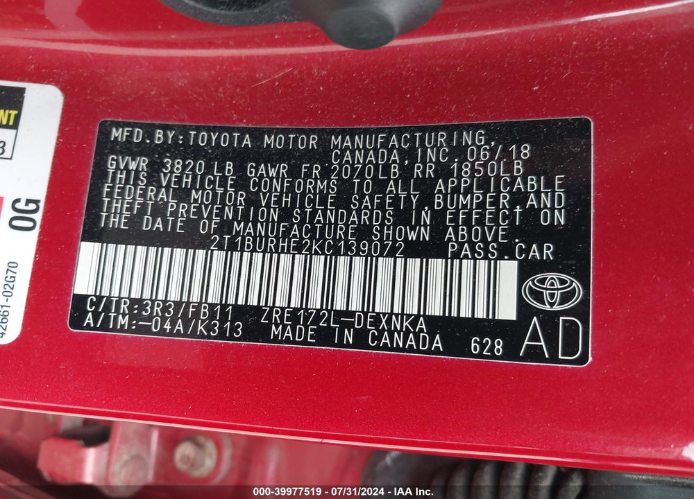 2019 TOYOTA COROLLA LE VIN: 2T1BURHE2KC139072