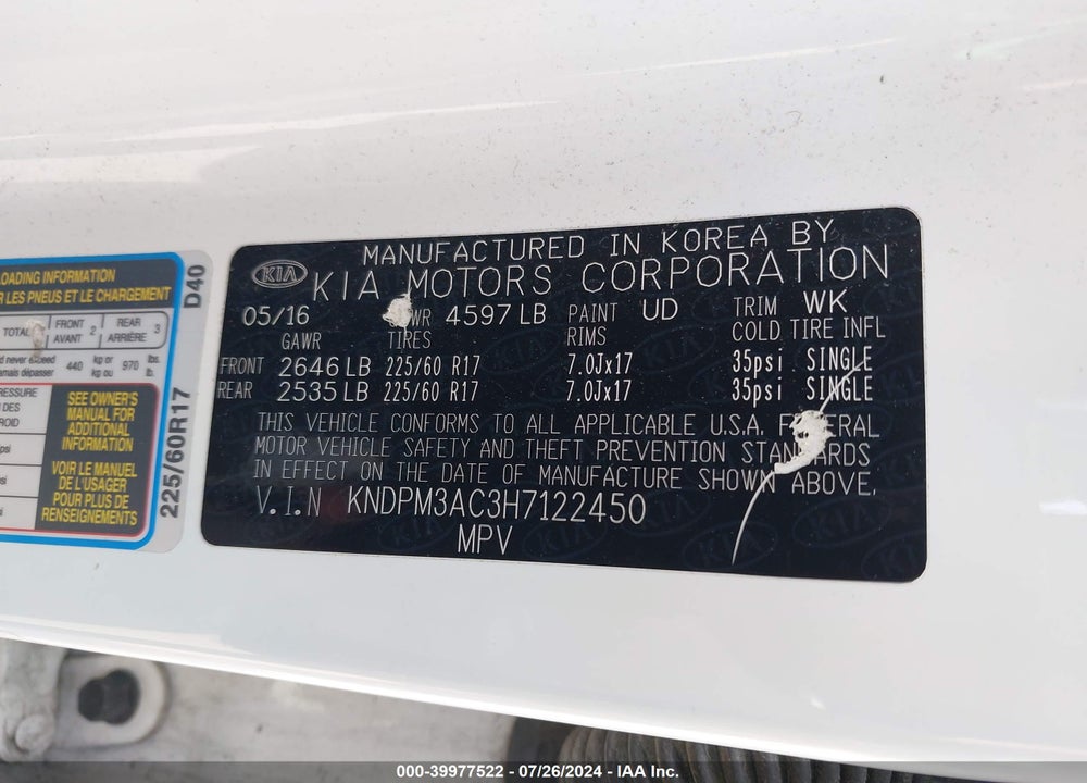 2017 KIA SPORTAGE LX VIN: KNDPM3AC3H7122450