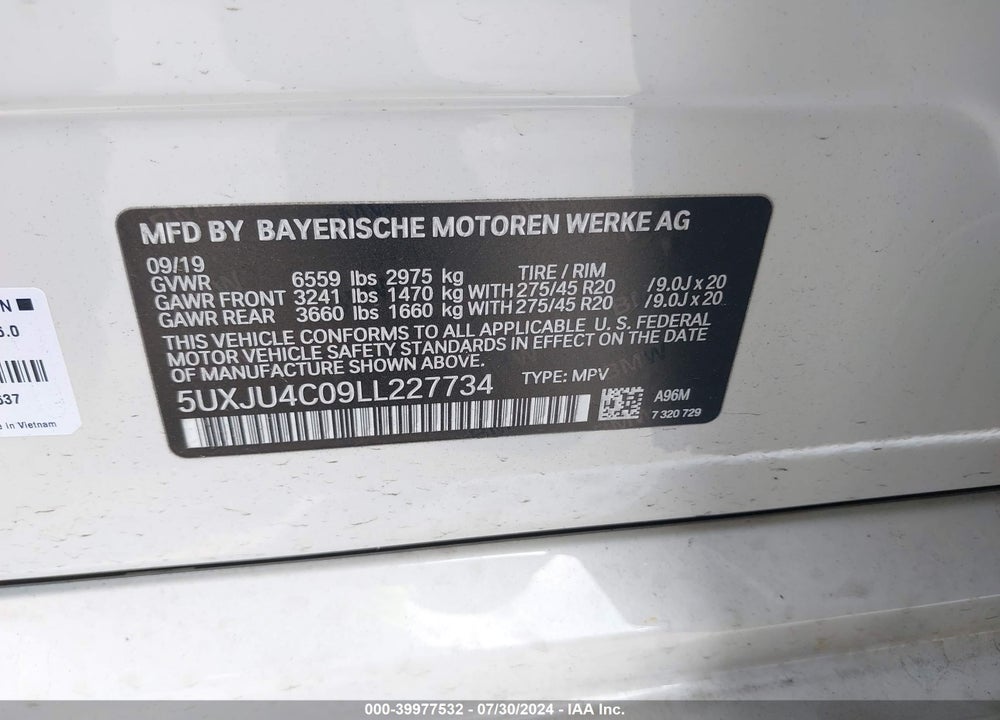 2020 BMW X5 M50I VIN: 5UXJU4C09LL227734
