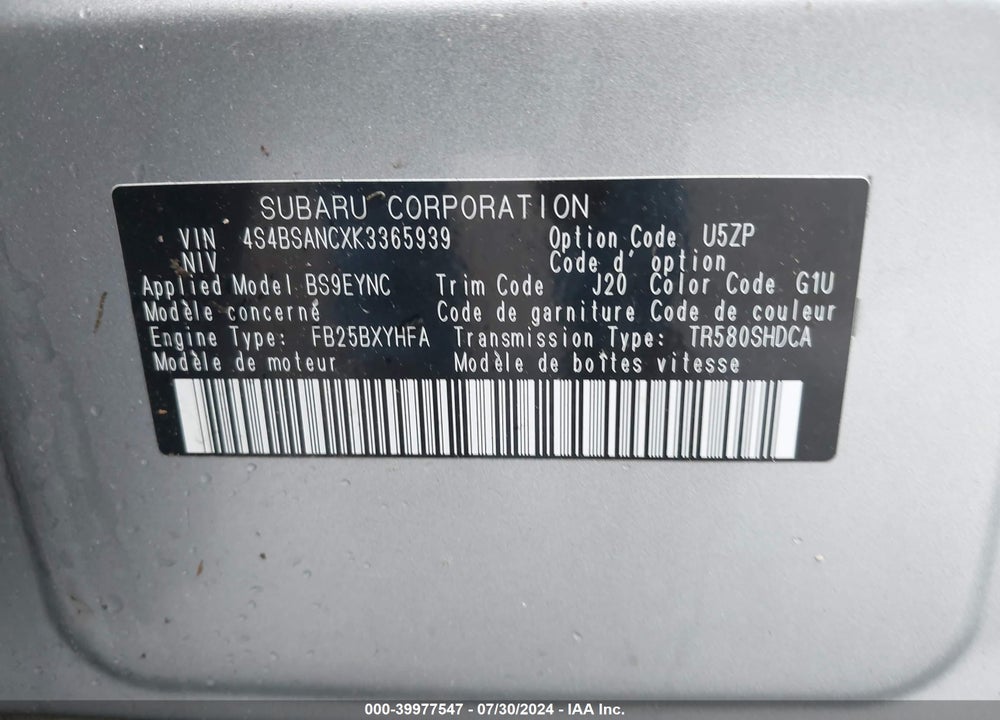 2019 SUBARU OUTBACK 2.5I LIMITED VIN: 4S4BSANCXK3365939
