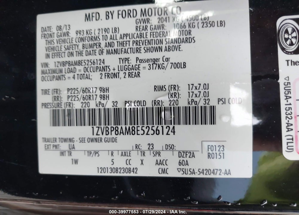 2014 FORD MUSTANG V6 VIN: 1ZVBP8AM8E5256124