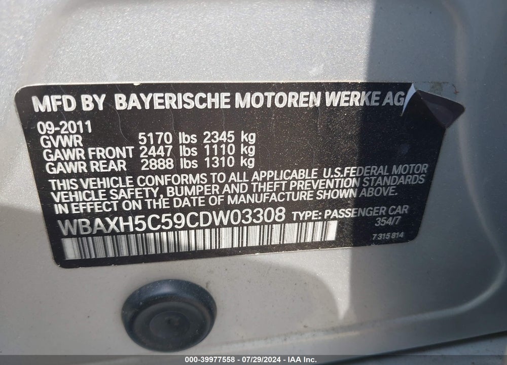 2012 BMW 528I VIN: WBAXH5C59CDW03308