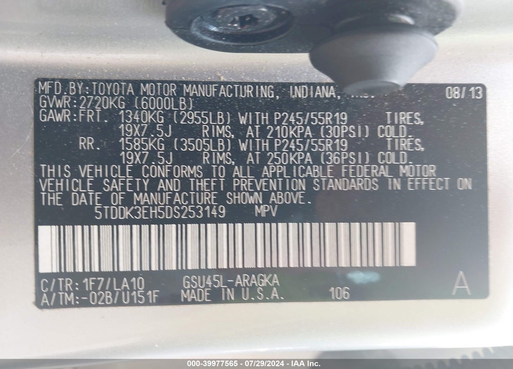 2013 TOYOTA HIGHLANDER LIMITED V6 VIN: 5TDDK3EH5DS253149