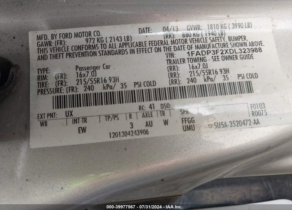 2013 FORD FOCUS SE VIN: 1FADP3F2XDL323988