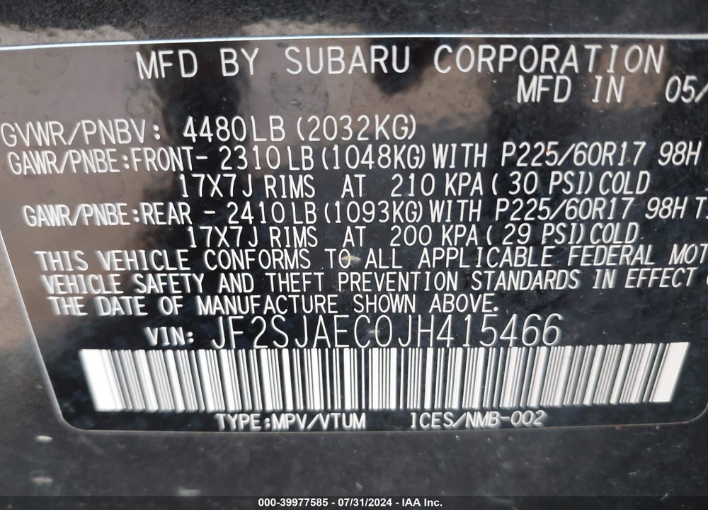 2018 SUBARU FORESTER 2.5I PREMIUM VIN: JF2SJAEC0JH415466