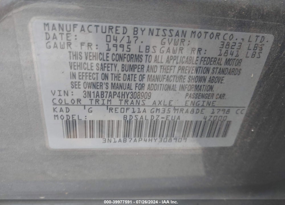 2017 NISSAN SENTRA SV VIN: 3N1AB7AP4HY308909