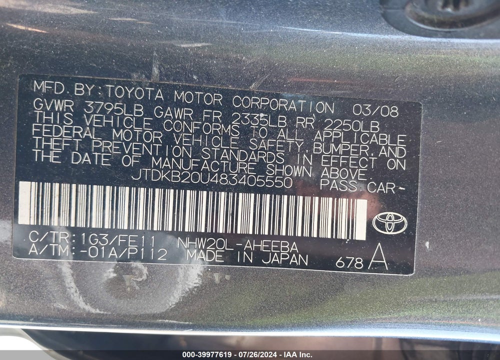 2008 TOYOTA PRIUS VIN: JTDKB20U483405550