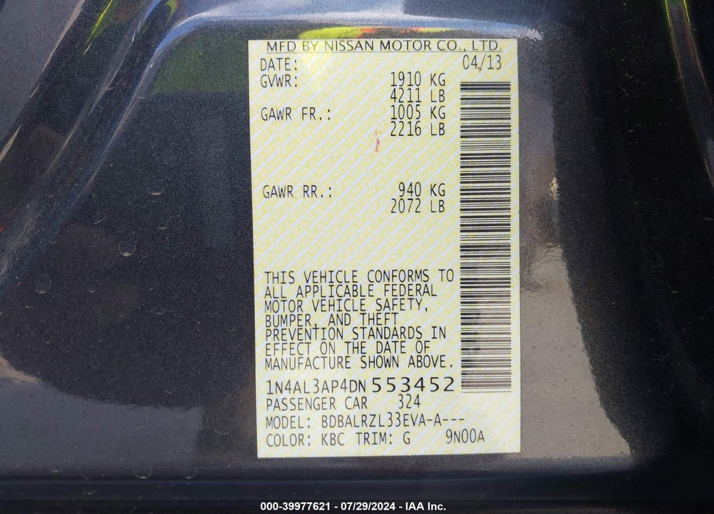 2013 NISSAN ALTIMA 2.5 S VIN: 1N4AL3AP4DN553452