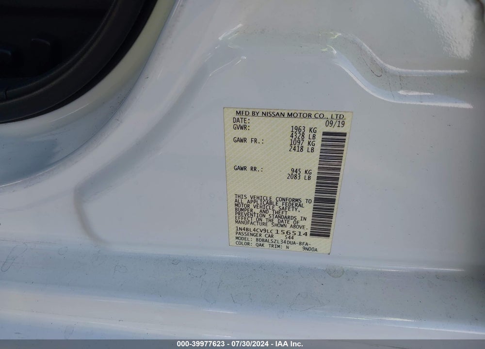 2020 NISSAN ALTIMA SR FWD VIN: 1N4BL4CV9LC156514