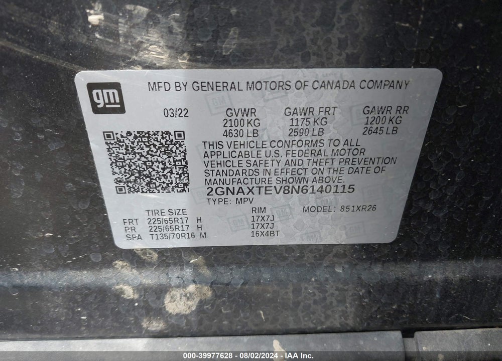 2022 CHEVROLET EQUINOX AWD 2FL VIN: 2GNAXTEV8N6140115