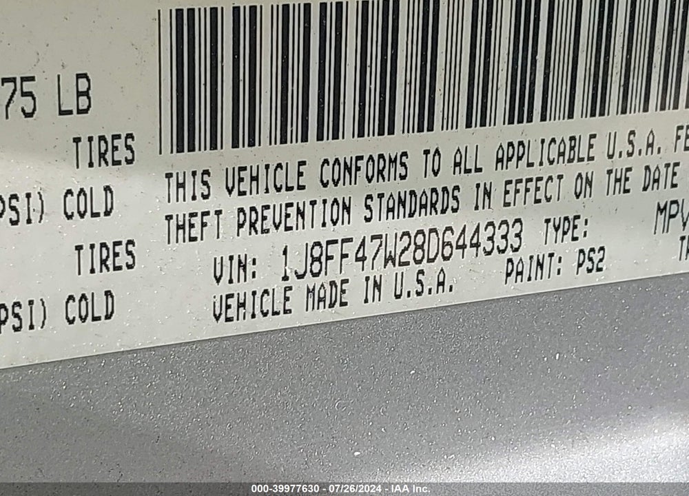 2008 JEEP COMPASS SPORT VIN: 1J8FF47W28D644333