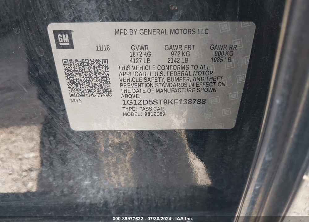 2019 CHEVROLET MALIBU LT VIN: 1G1ZD5ST9KF138788