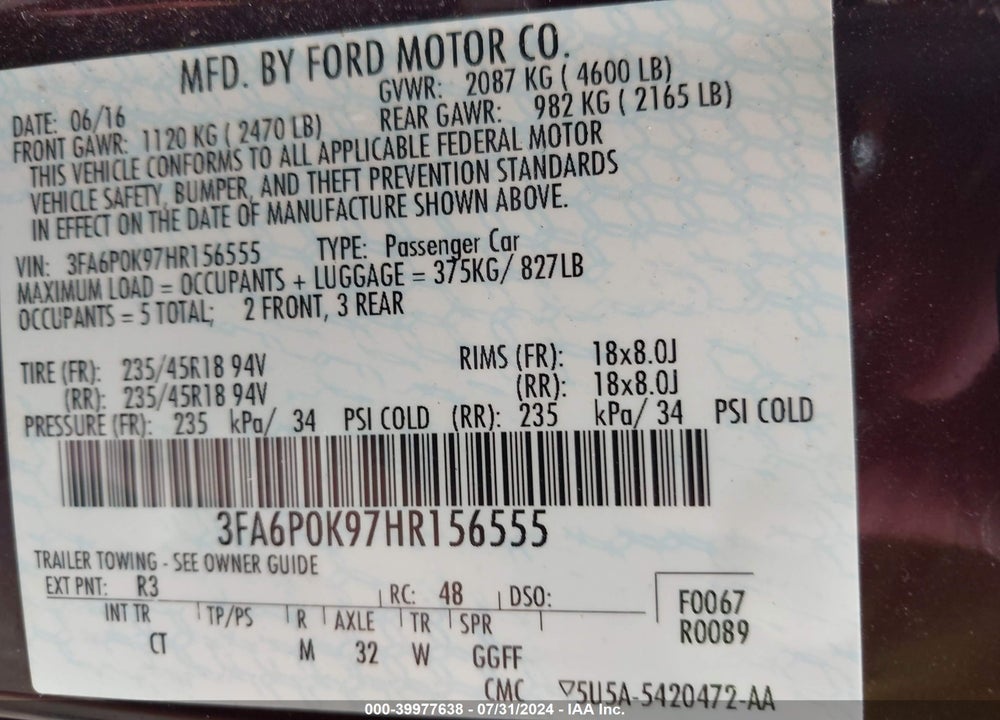 2017 FORD FUSION VIN: 3FA6P0K97HR156555