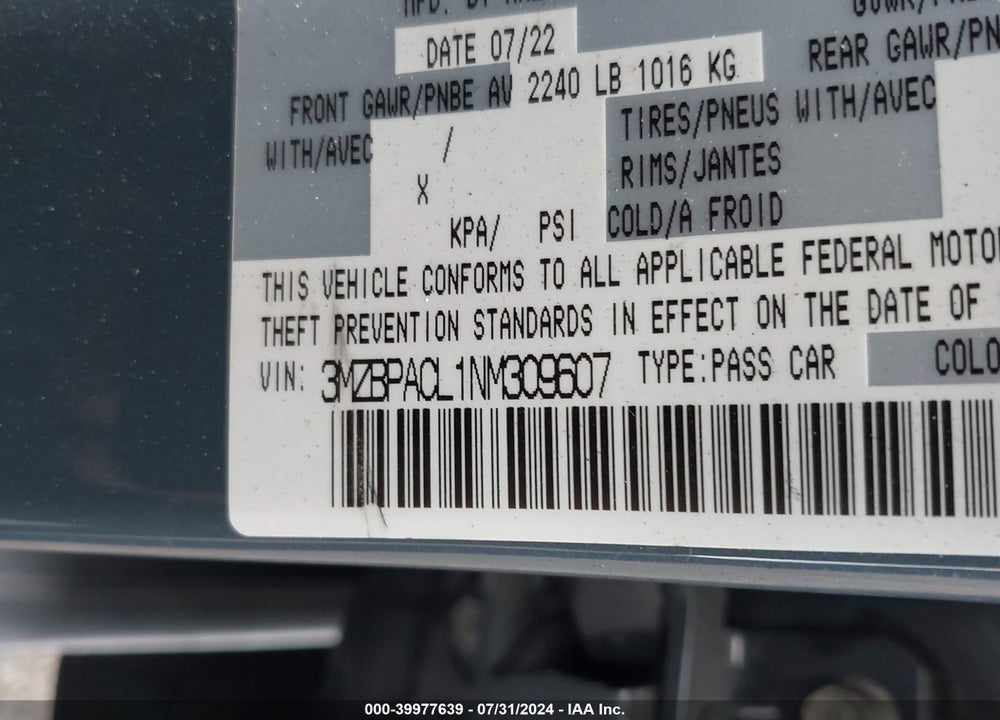 2022 MAZDA 3 CARBON EDITION VIN: 3MZBPACL1NM309607