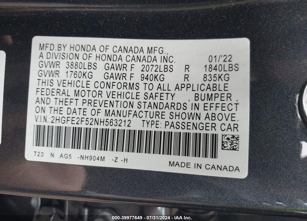 2022 HONDA CIVIC VIN: 2HGFE2F52NH563212