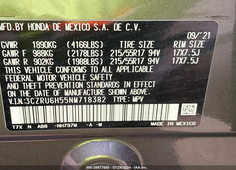 2022 HONDA HR-V AWD EX VIN: 3CZRU6H55NM718382