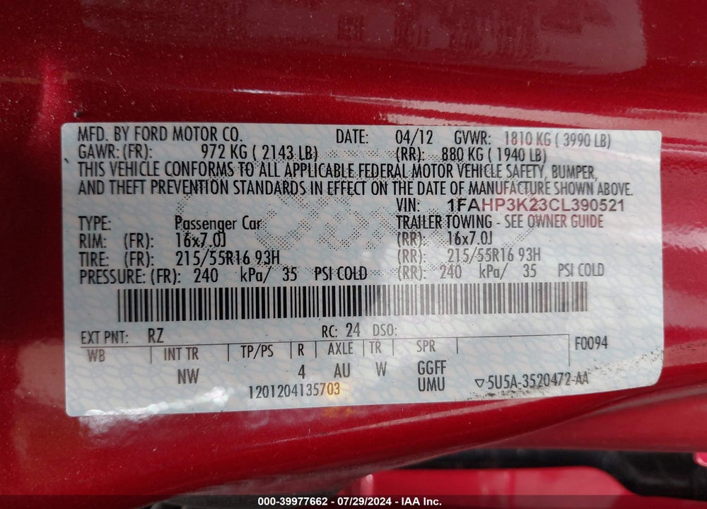 2012 FORD FOCUS SE VIN: 1FAHP3K23CL390521