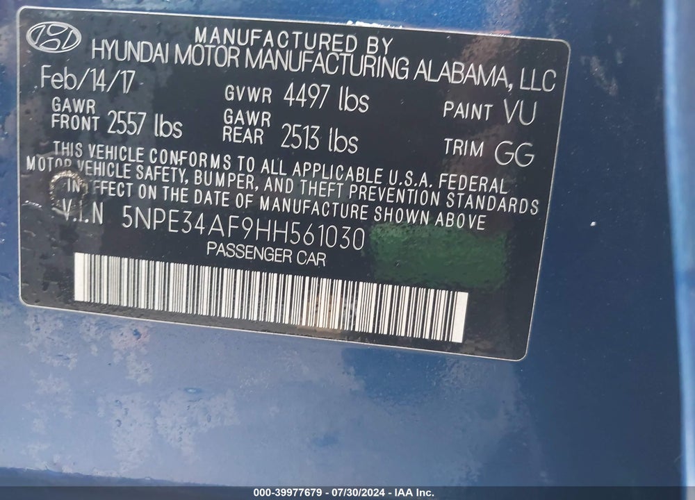 2017 HYUNDAI SONATA LIMITED/SPORT VIN: 5NPE34AF9HH561030