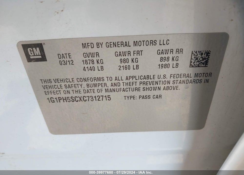 2012 CHEVROLET CRUZE LTZ VIN: 1G1PH5SCXC7312715