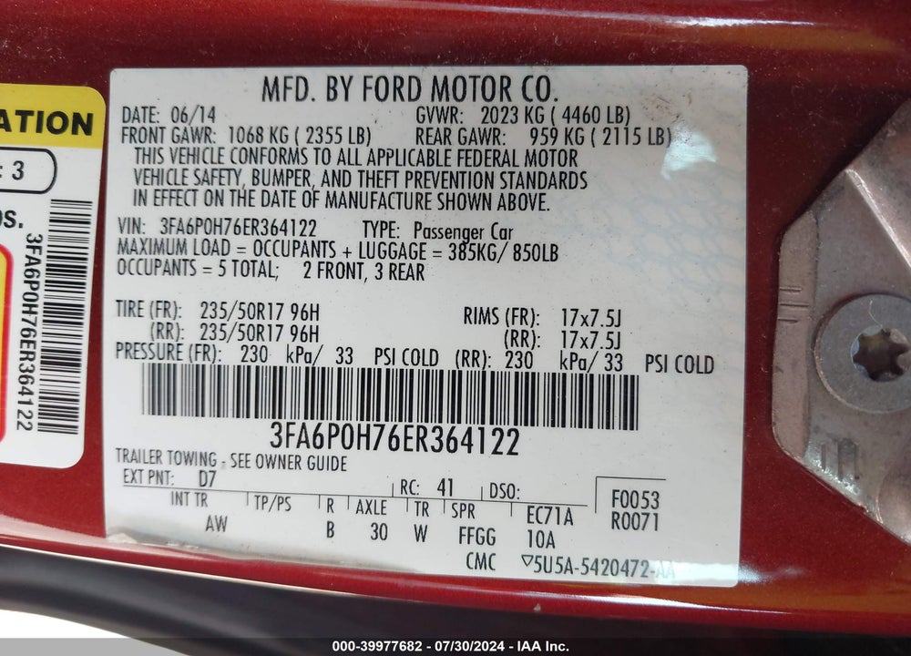 2014 FORD FUSION SE VIN: 3FA6P0H76ER364122