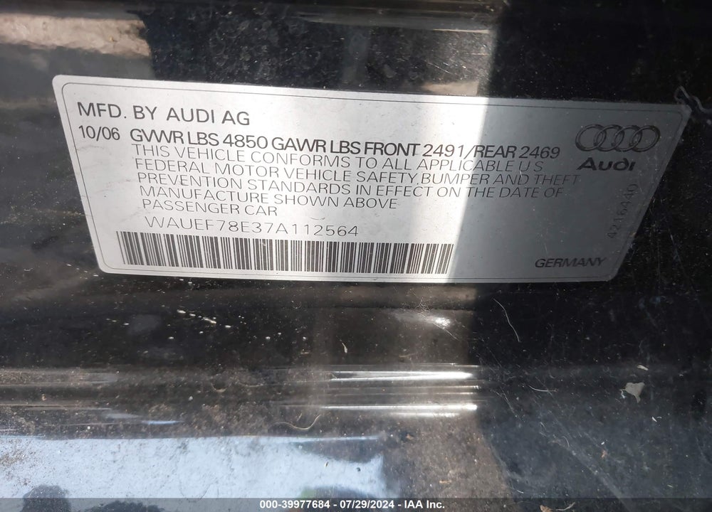 2007 AUDI A4 2.0T VIN: WAUEF78E37A112564