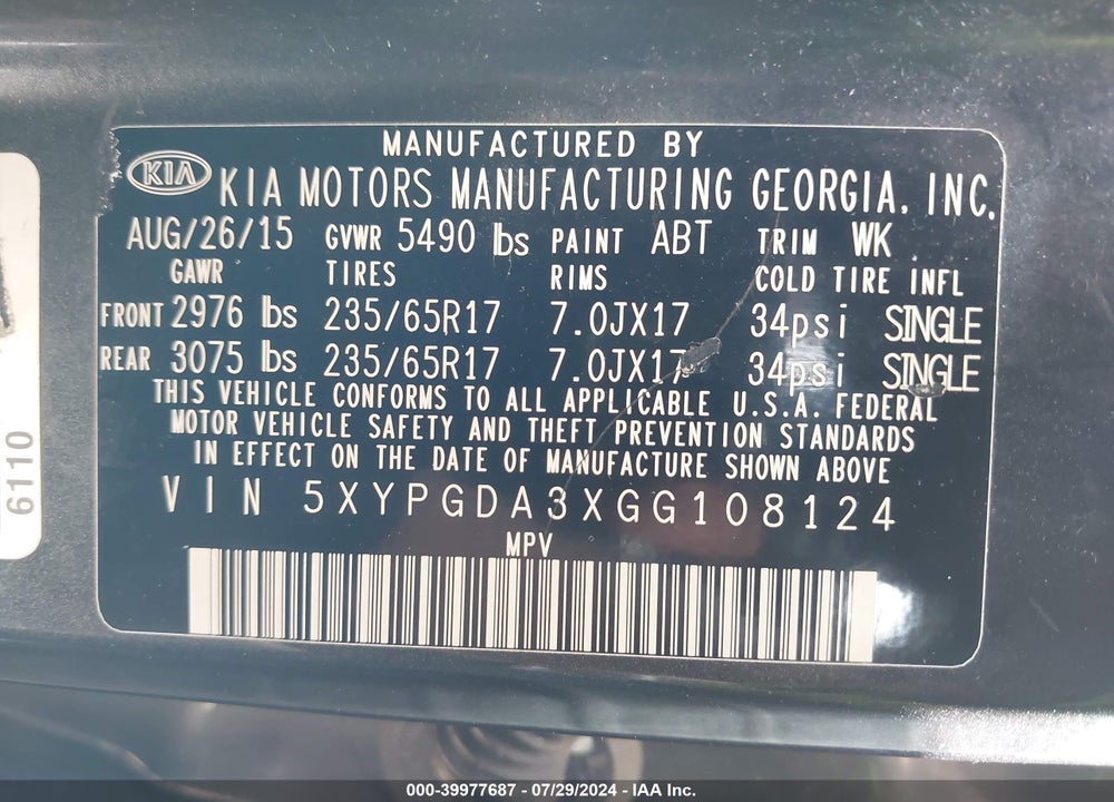 2016 KIA SORENTO 2.4L LX VIN: 5XYPGDA3XGG108124