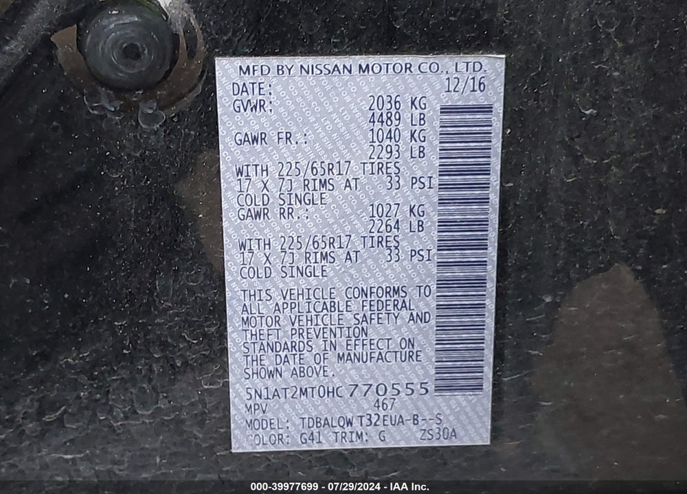 2017 NISSAN ROGUE SV VIN: 5N1AT2MT0HC770555
