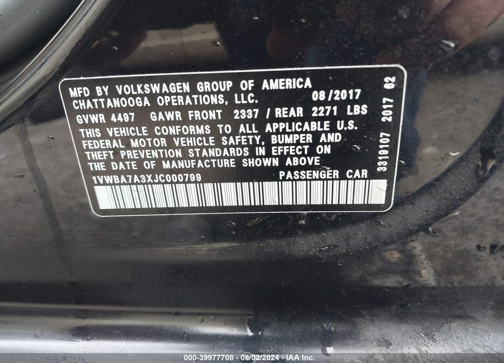 2018 VOLKSWAGEN PASSAT 2.0T SE VIN: 1VWBA7A3XJC000799