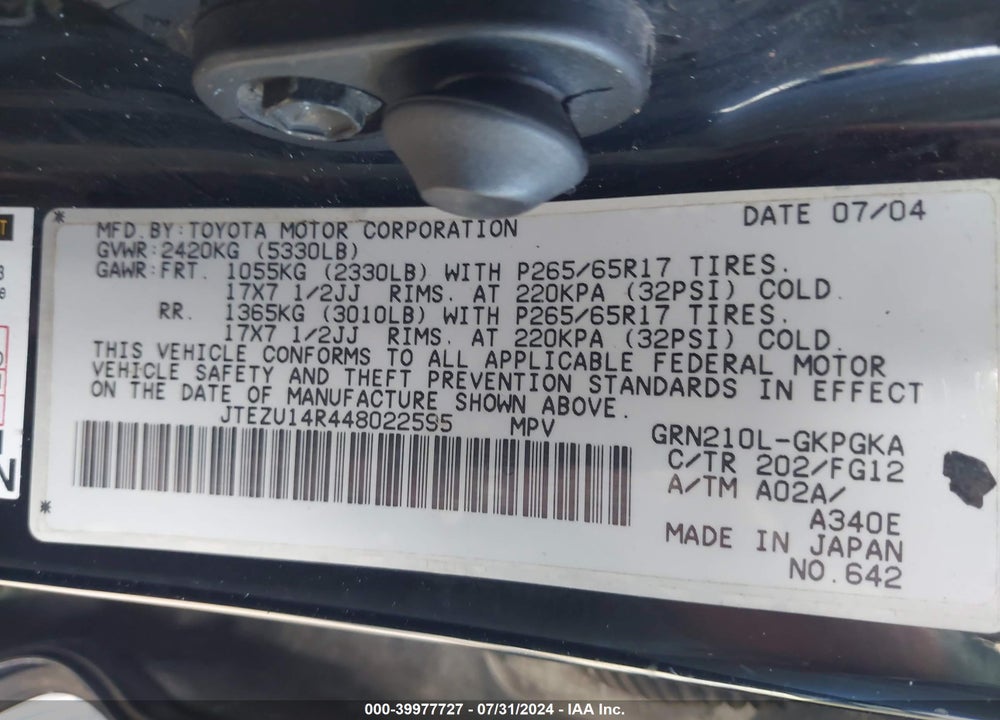 2004 TOYOTA 4RUNNER SR5 V6 VIN: JTEZU14R448022595