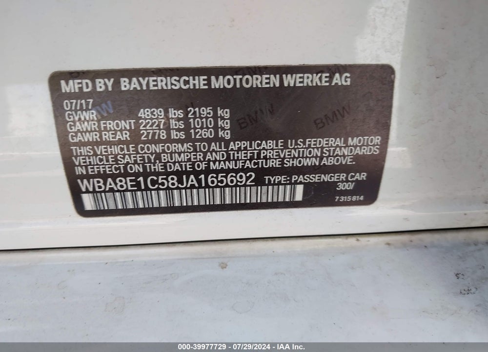 2018 BMW 330E IPERFORMANCE VIN: WBA8E1C58JA165692