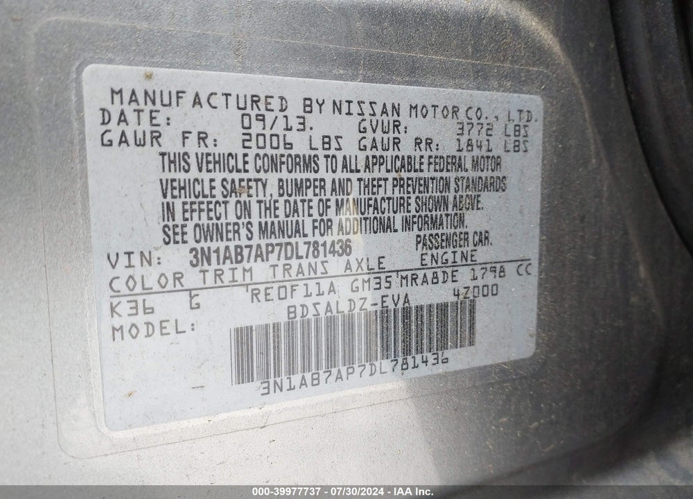 2013 NISSAN SENTRA SV VIN: 3N1AB7AP7DL781436