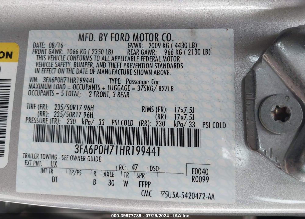 2017 FORD FUSION SE VIN: 3FA6P0H71HR199441