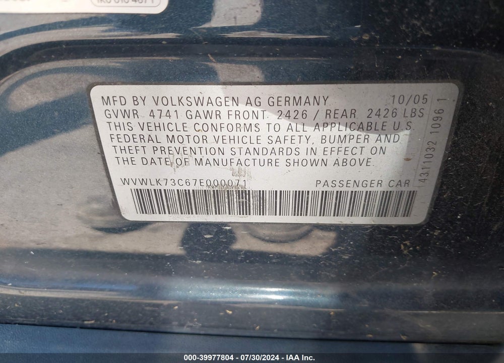 2007 VOLKSWAGEN PASSAT 2.0T VIN: WVWLK73C67E000071