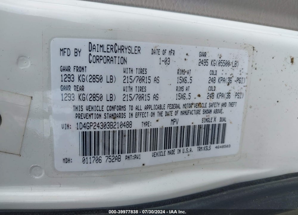 2003 DODGE GRAND CARAVAN SE VIN: 1D4GP24303B210488