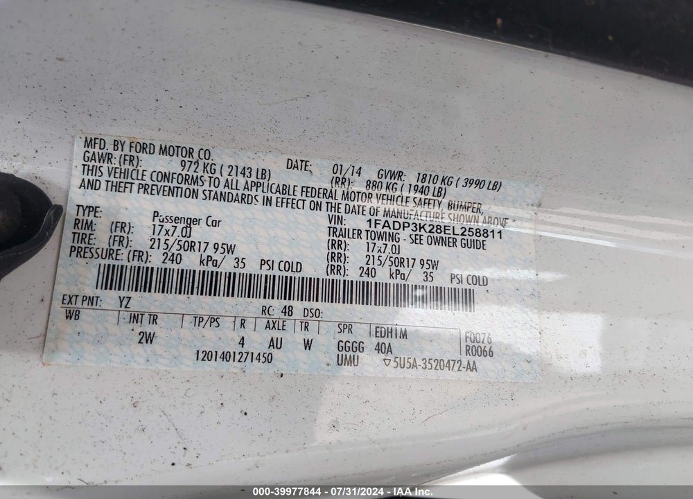 2014 FORD FOCUS SE VIN: 1FADP3K28EL258811