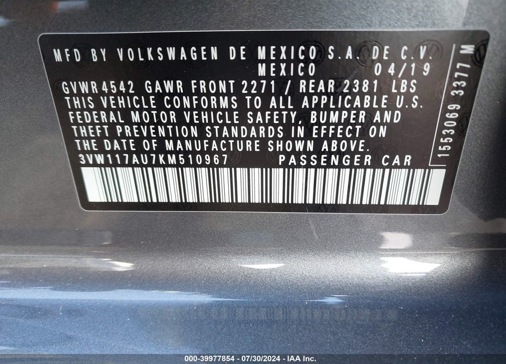 2019 VOLKSWAGEN GOLF SPORTWAGEN 1.8T S VIN: 3VW117AU7KM510967