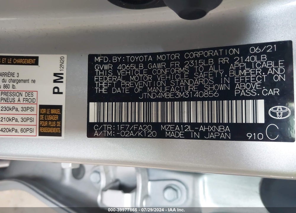 2021 TOYOTA COROLLA SE NIGHTSHADE EDITION VIN: JTND4MBE3M3140856