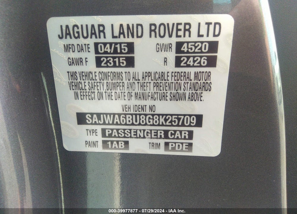 2016 JAGUAR F-TYPE S VIN: SAJWA6BU8G8K25709